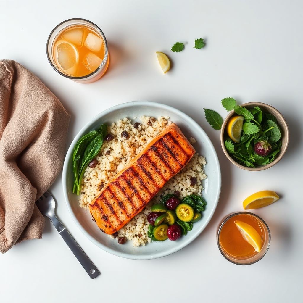 Plate of grilled salmon, quinoa and greens with electrolyte drinks